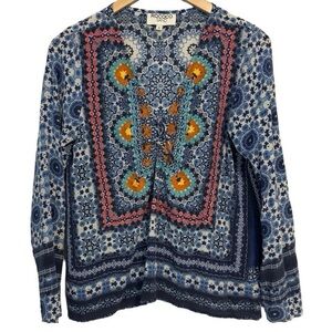 Rococo Sand Blue and White Geometric Top with Knit Embroidery
